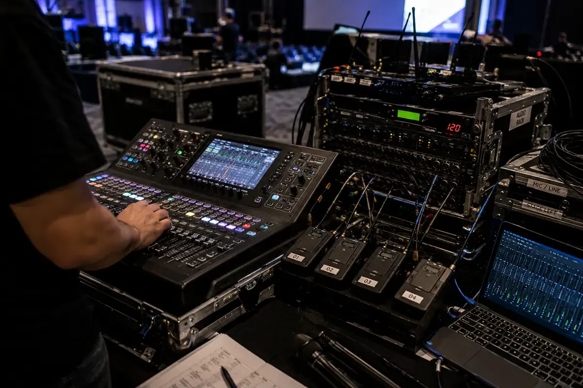 Audio engineering equipment and mixing console for a live event