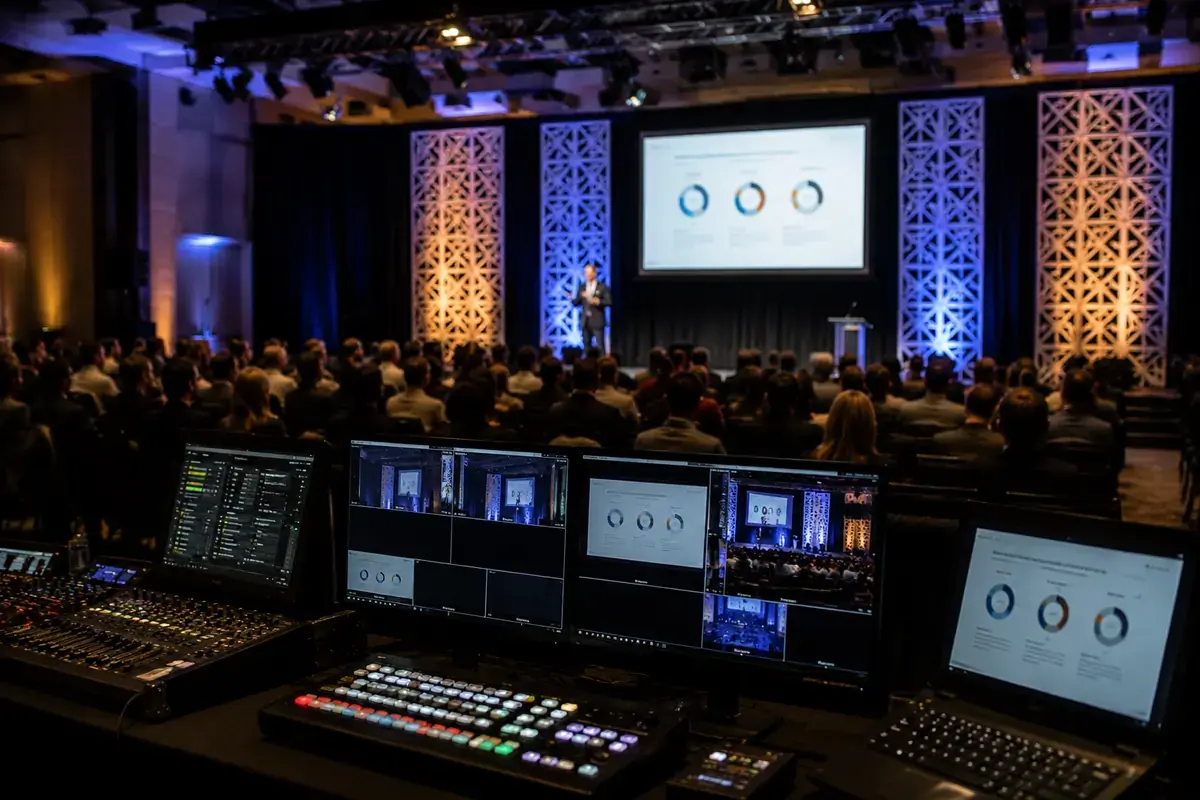 Corporate AV production setup with screens, controls, and event equipment