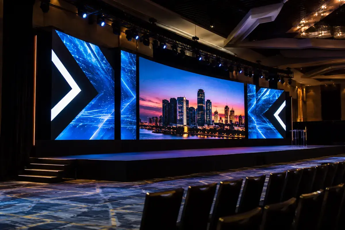 Large LED wall setup for a corporate event presentation