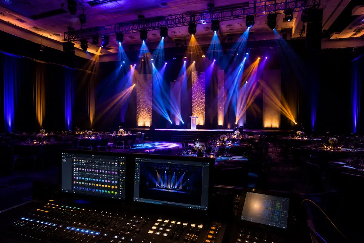 Corporate event lighting design with stage lights and atmosphere