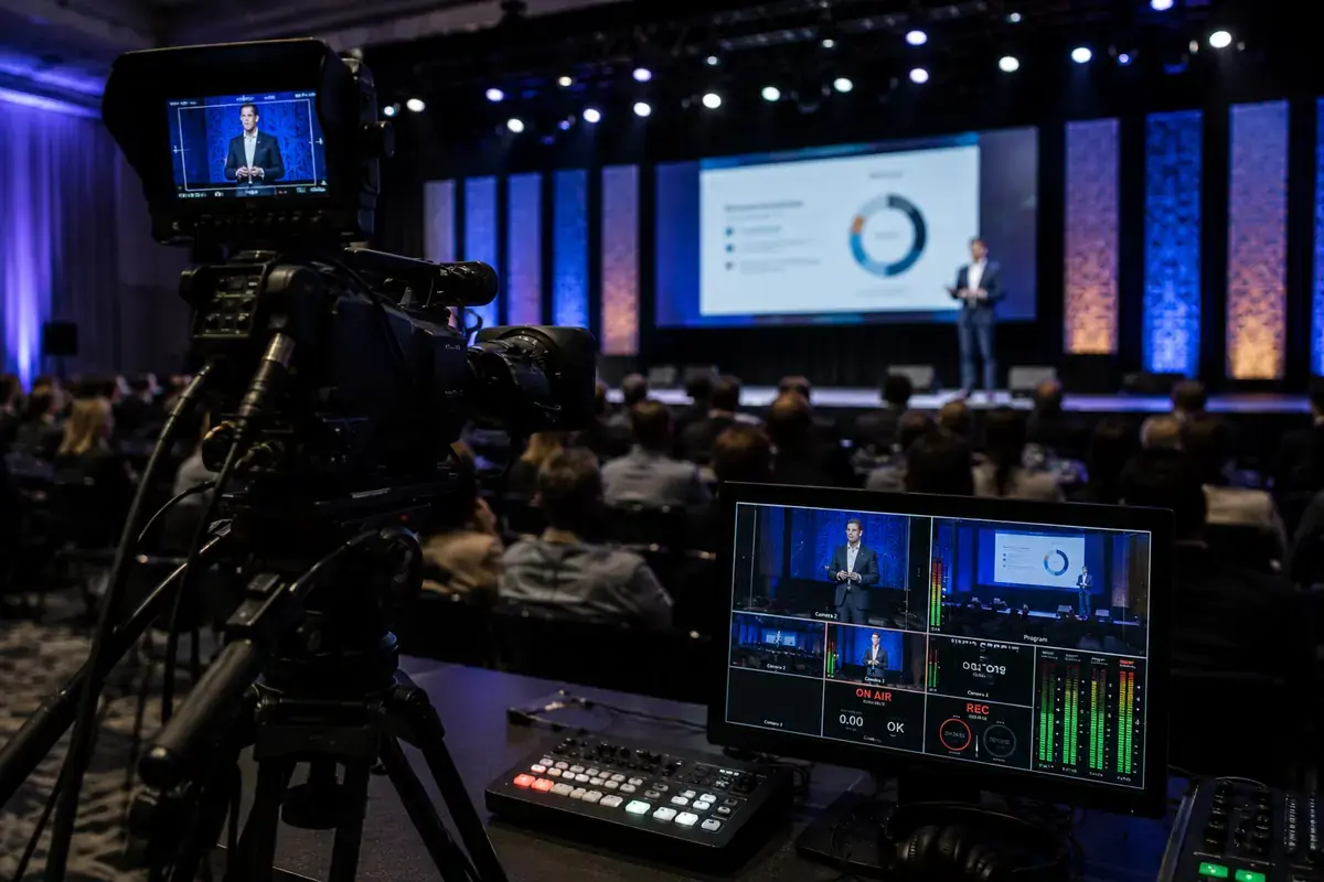 Livestream and recording setup with camera and event production monitors