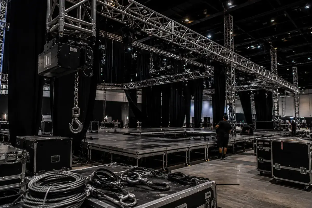 Staging and rigging setup with truss and production equipment