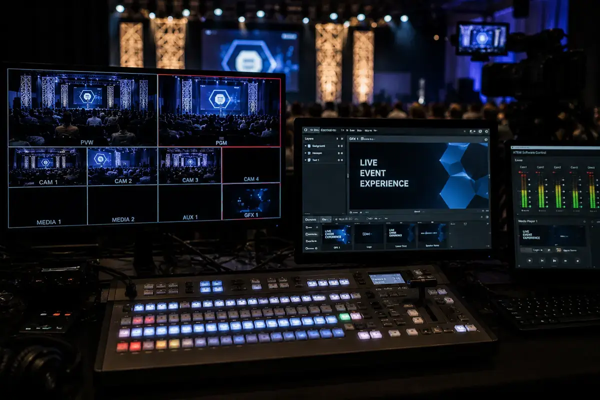 Video production control area with screens and switching equipment