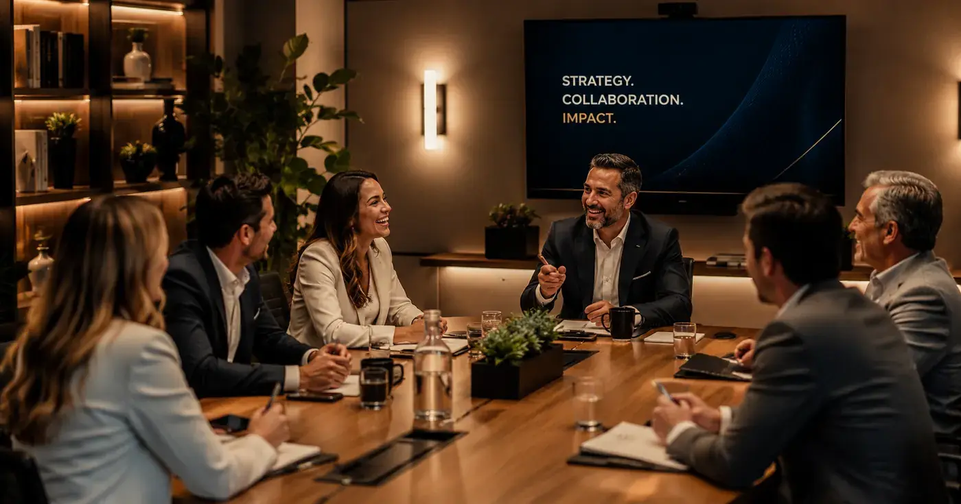 Executive meeting in a warm modern conference room with professionals collaborating