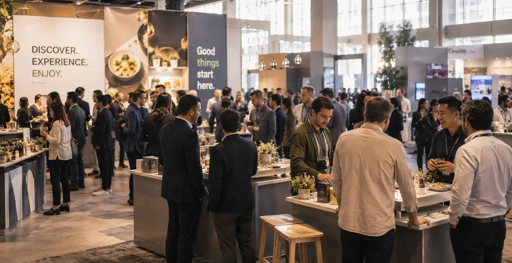 Product launch event in a convention setting with attendees exploring product displays