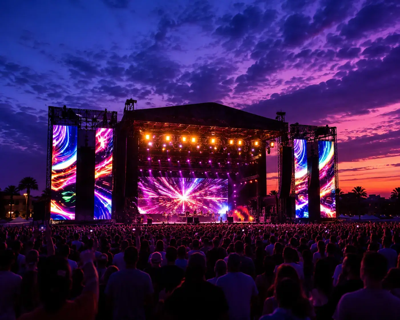 Outdoor festival stage at dusk with large crowd, LED screens, and colorful stage lighting